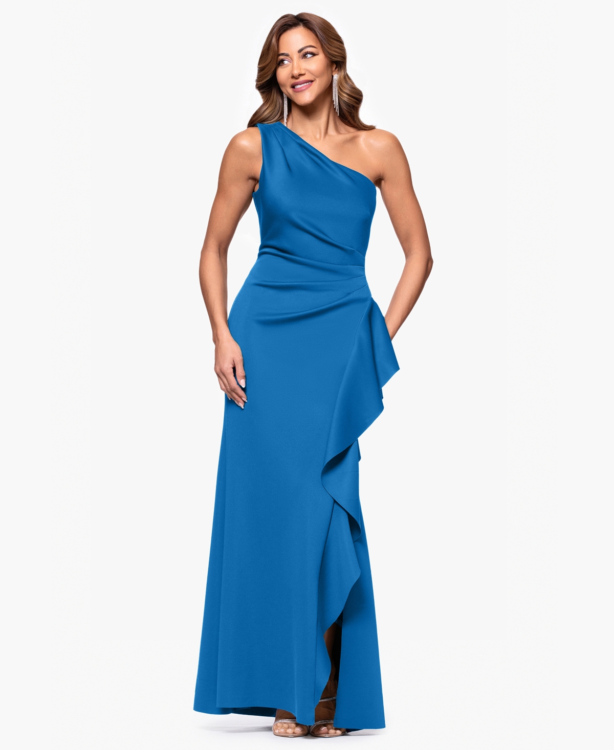 Xscape Women's Ruffled One-shoulder Scuba Gown In Blue