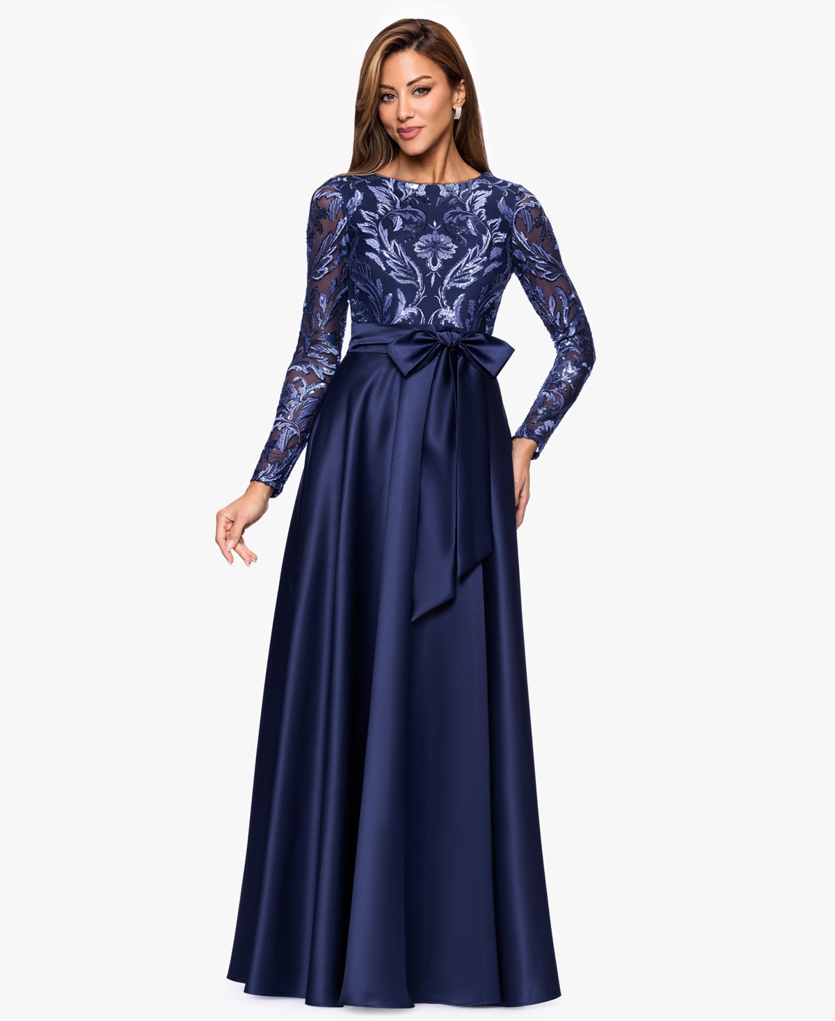 Xscape Women's Boat Neck Sequin Mesh Long Ball Gown In Blue