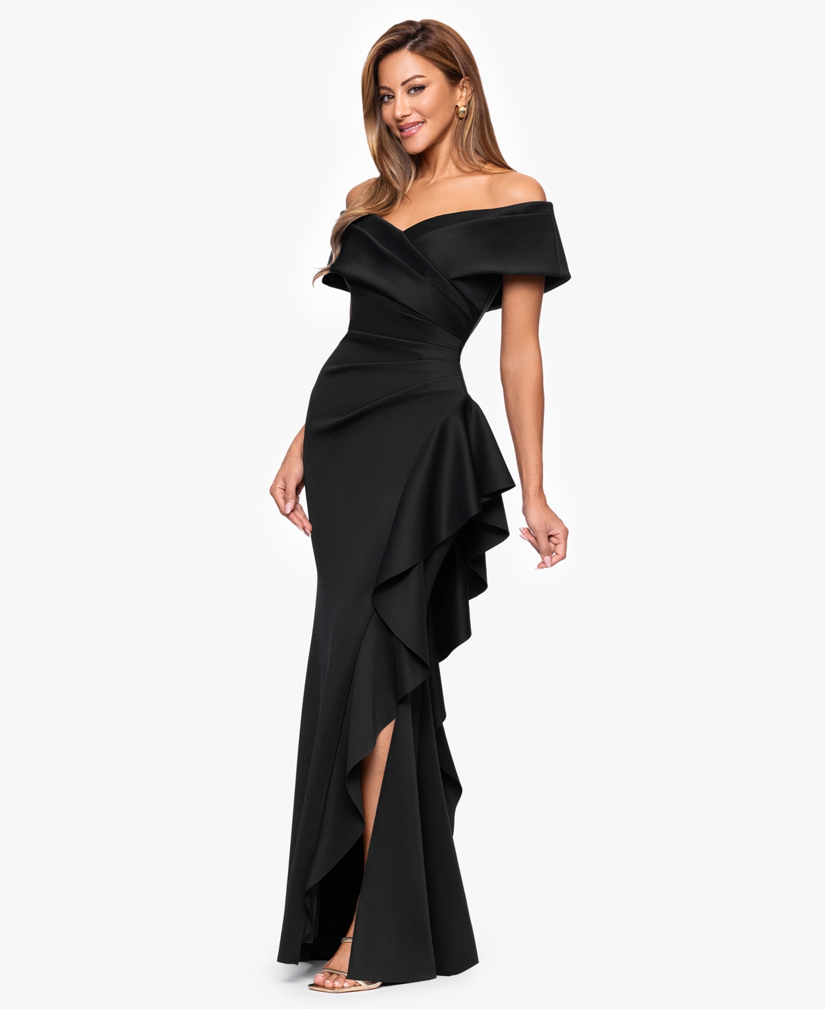 Xscape Women's Sweetheart Neck Side Ruffle Off-The-Shoulder Long Dress