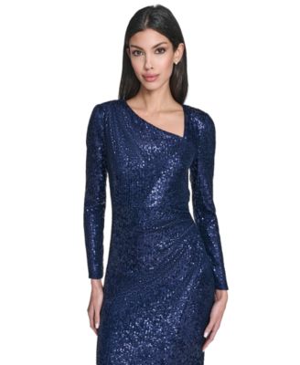 Petite Social Sequin Asymmetrical Neck Dress