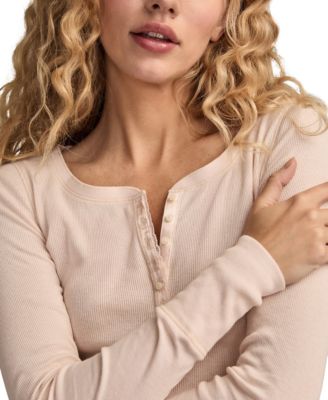 Women's Crew Neck Long-Sleeve Rib Henley Top