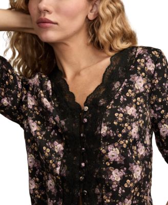 Women's Floral Lace Trimmed Short-Sleeve Top