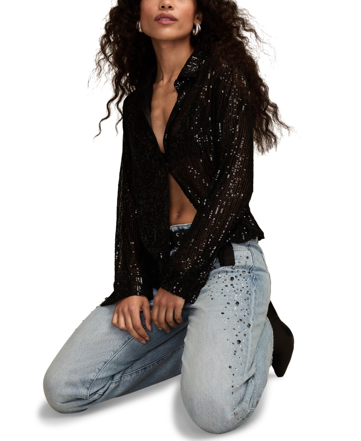 Lucky Brand Sheer Sequin Shirt In Black