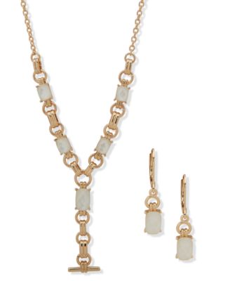 Anne Klein - 2-Piece Plastic and Imitation Pearl Linked Stone Toggle Y-Necklace and Earrings Set