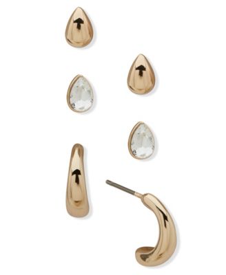 DKNY - 3-Pc. Crystal Pear Stone Stud Hoop Earrings Set