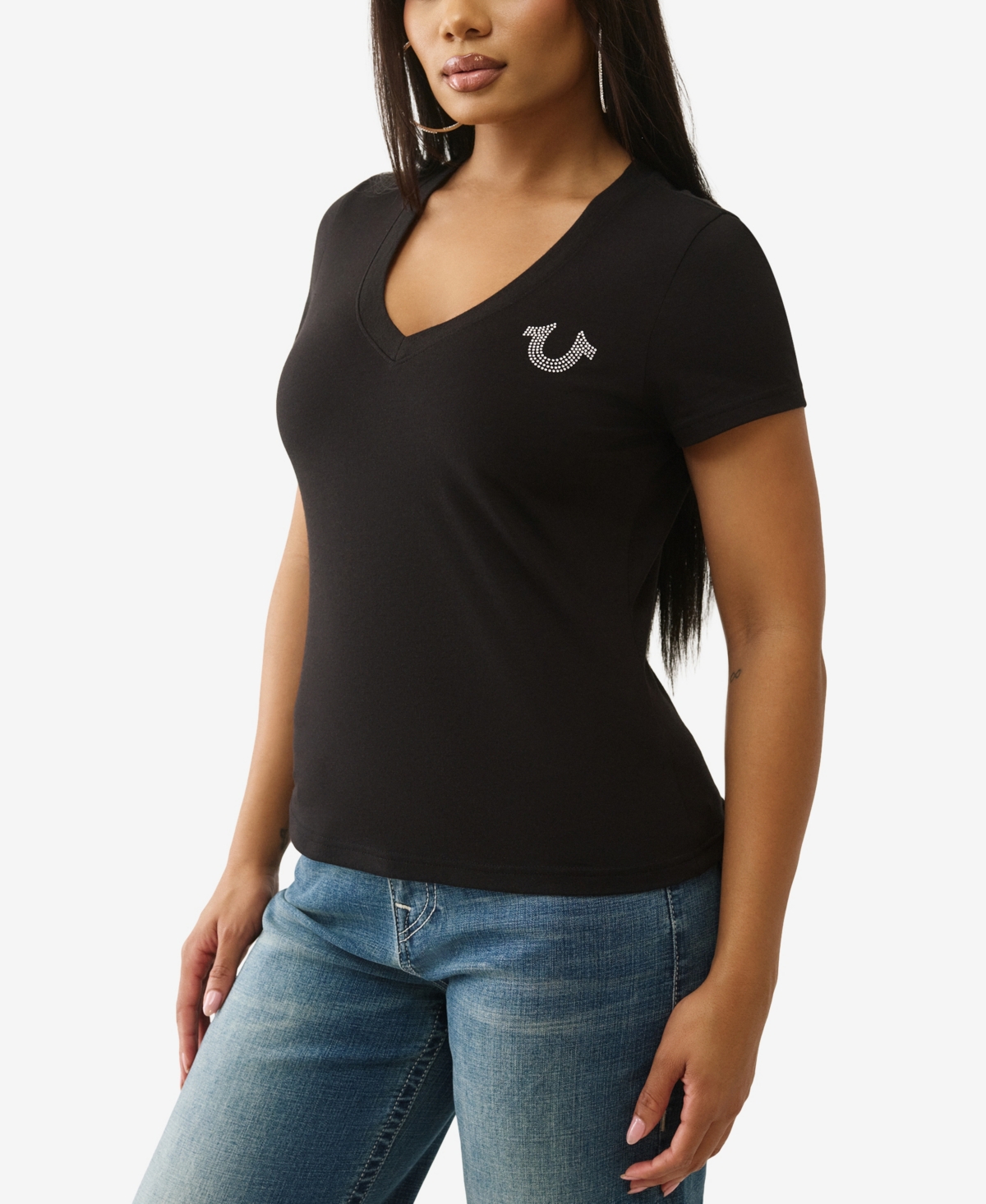 True Religion Women's Crystal Buddha V Neck T-shirt In Black