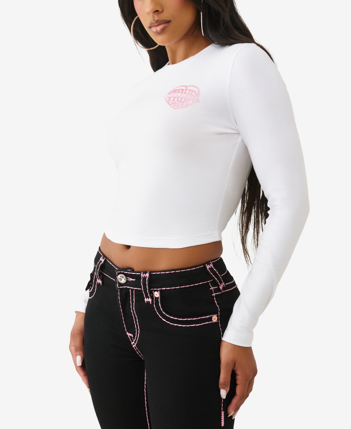 True Religion Women's Long Sleeve Glitter Puff Heritage Baby T-shirt In White