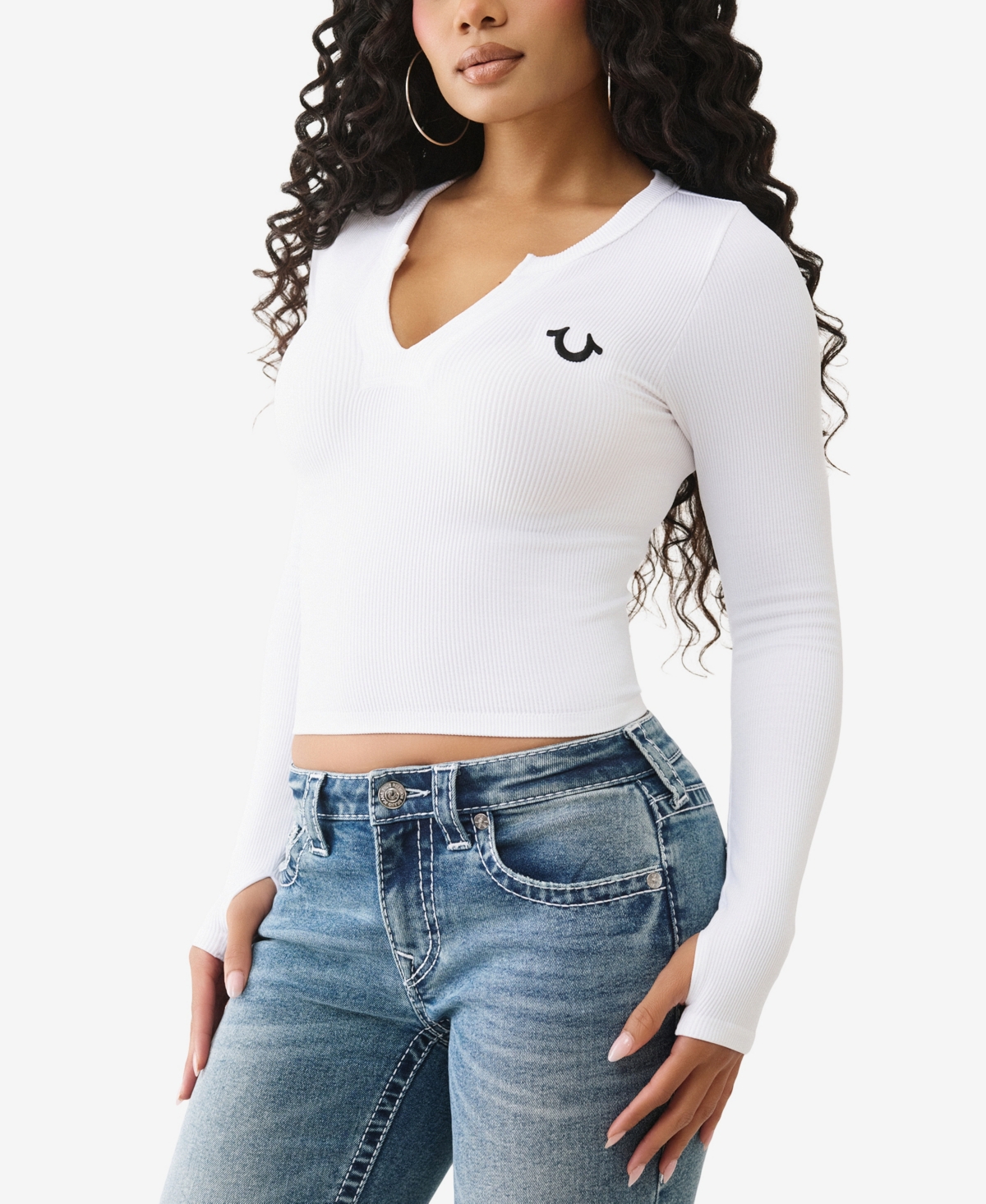 True Religion Women's Long Sleeve Seamless V Notch Top In White