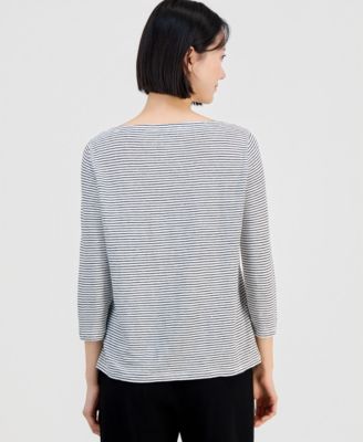 Women's Linen Textured Stripe Boat-Neck Top