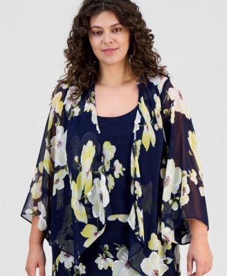 Plus Size Floral Print Open-Front Chiffon Jacket Dress