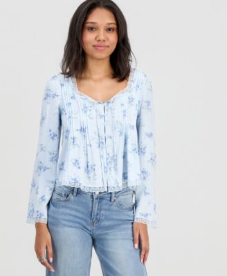 Juniors' Lace-Trim Floral-Print Pintucked Top
