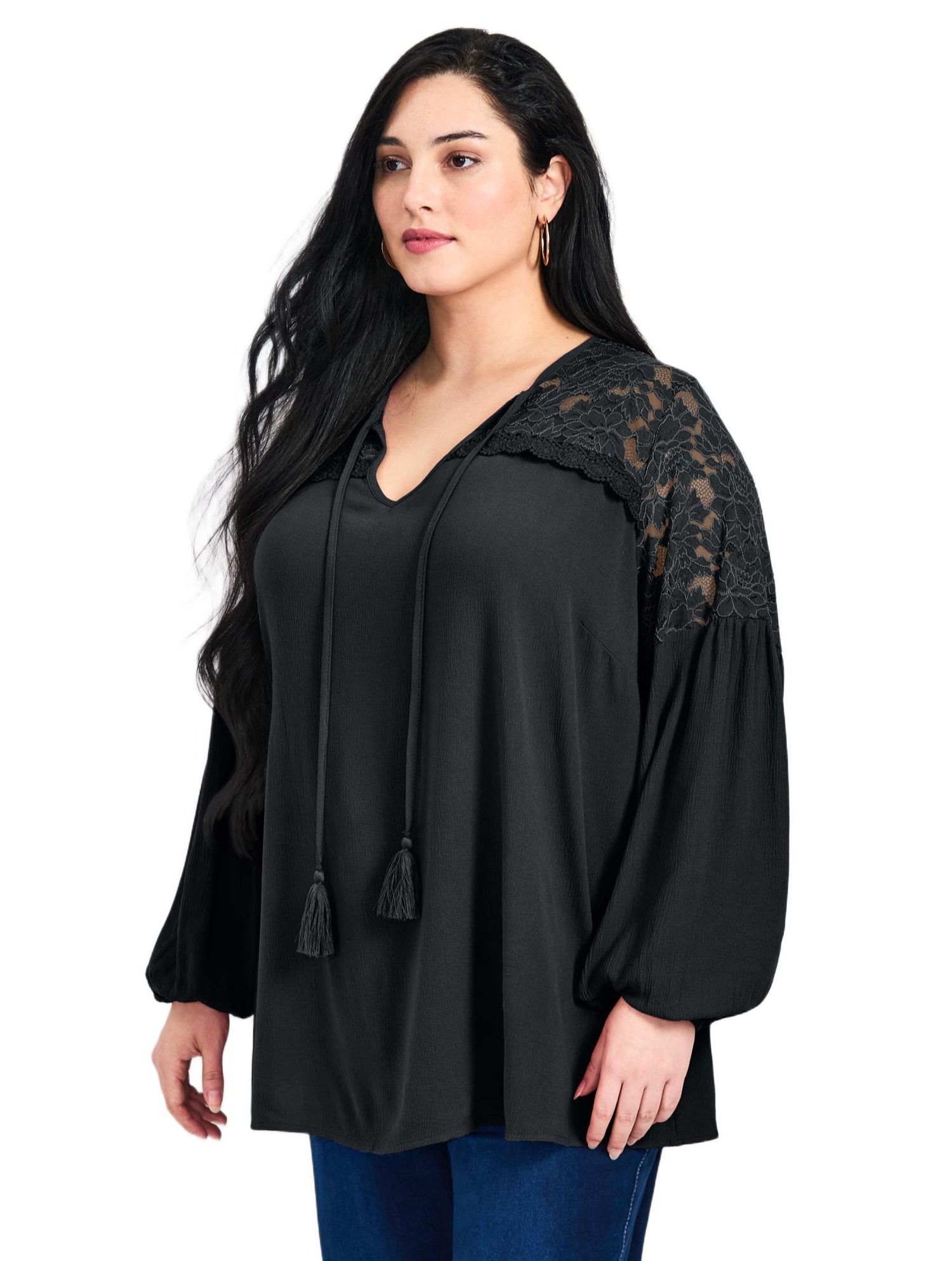 Women's Plus Size Marcie Lace Yoke Long Sleeve Top