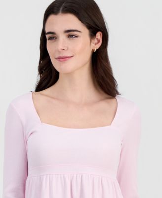 Juniors' Long Sleeve Ribbed Babydoll Top