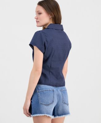 Juniors' Button-Front Printed Cotton Shirt