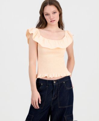 Juniors' Ruffled Smocked Scoop-Neck Top