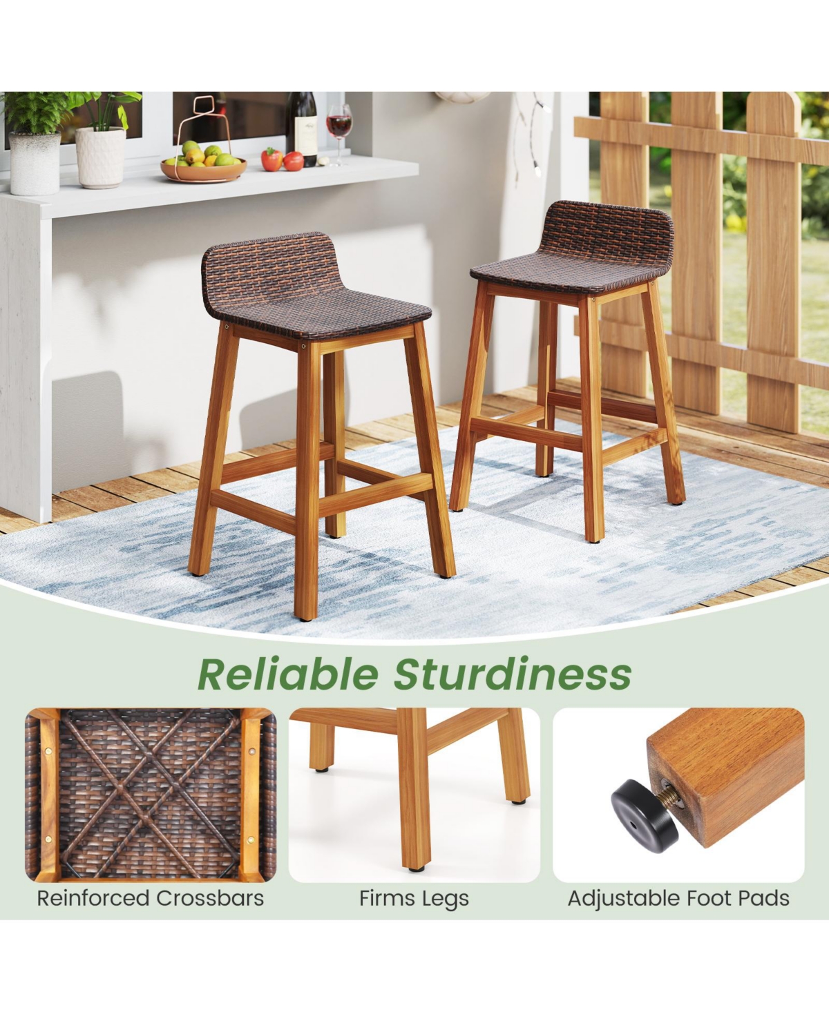 Gymax Solid Acacia Wood Bar Stools Set of Rattan Bar Height Patio Chairs for Porch