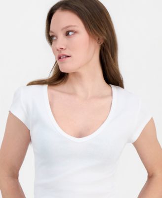 Juniors' V-Neck Cap-Sleeve Cotton T-Shirt