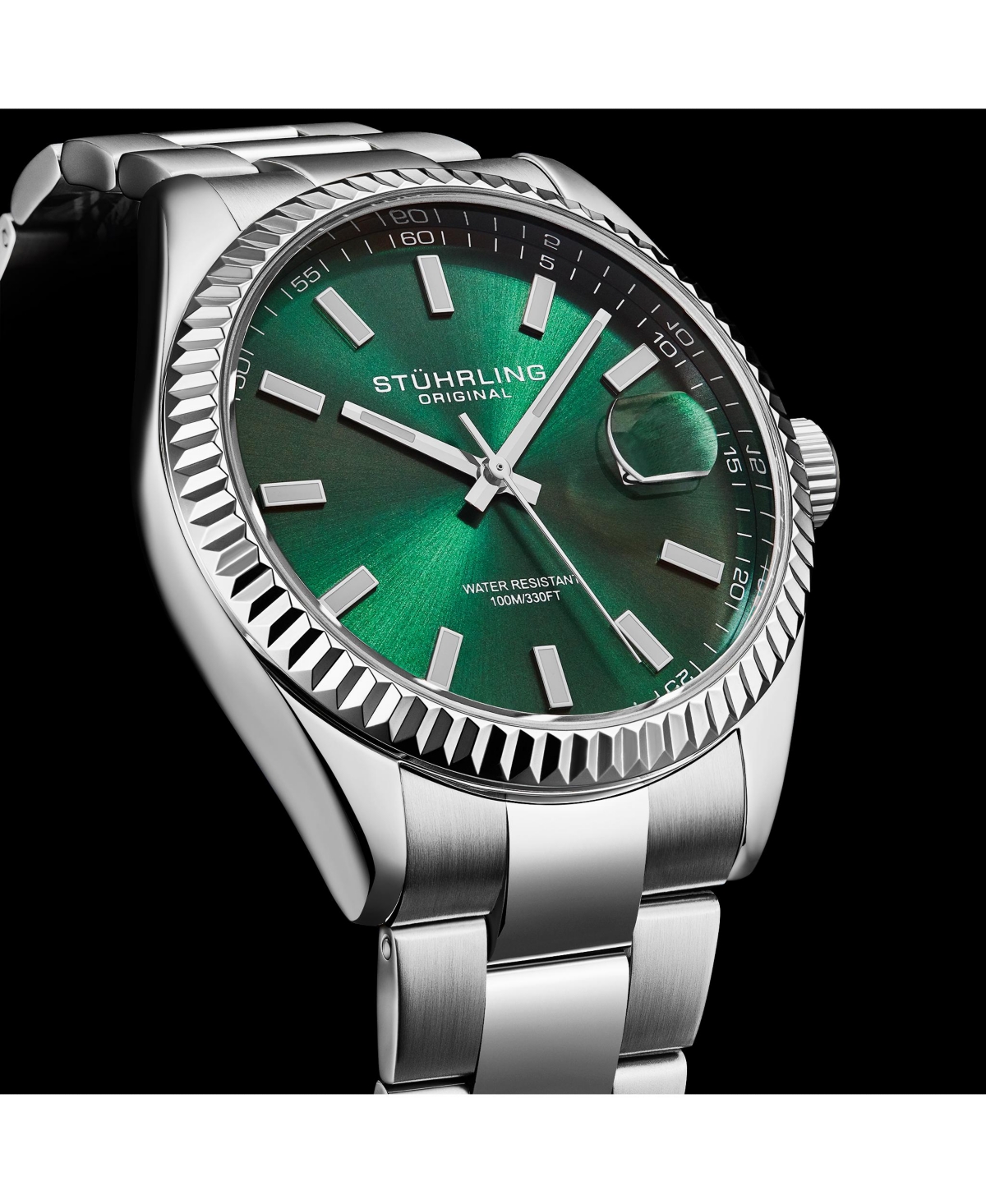 Stuhrling Vanguard 4069 Men's Quartz Watch – 42mm, Green Dial, Stainless Steel Bracelet, Fluted Bezel, Date, 100M Water Resistant