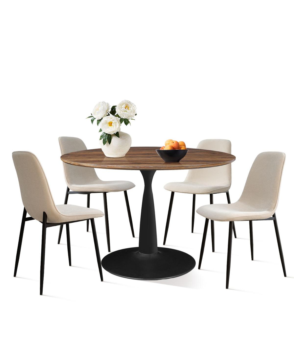 Maison Boucle 5-Piece Round Dining Table Set with Metal Base and Walnut Top, Modern Kitchen Chairs for 4, Space-Saving Small