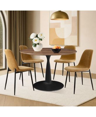 5-Piece Round Dining Table Set with Metal Base and Walnut Top, Modern Kitchen Table and Chairs for 4, Space-Saving Small Dining Set