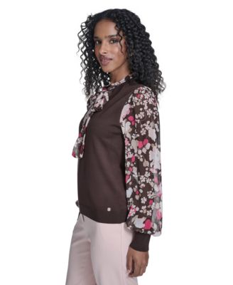 Women's Mixed Media Tie Neck Sweater