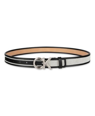 Women's Woven Inlay Leather Belt with Puff CK Monogram Buckle Belt