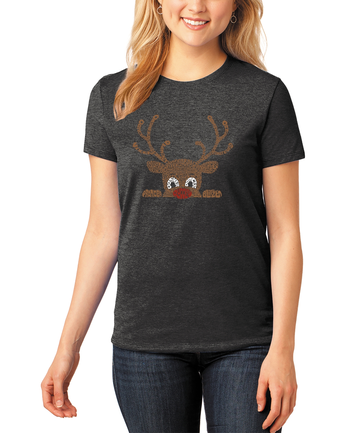 La Pop Art Women's Peeking Reindeer Short Sleeve T-Shirt