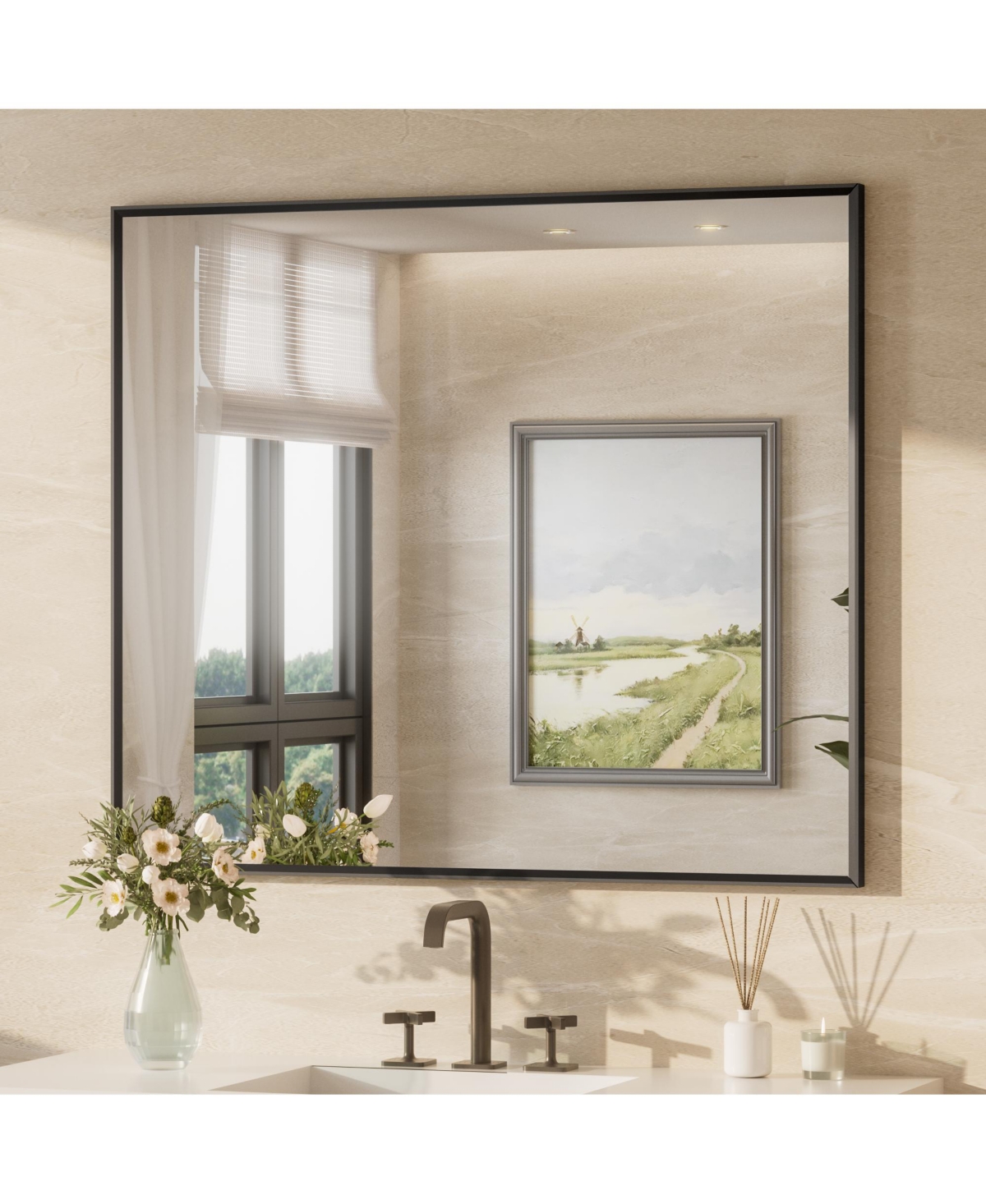 Keonjinn Inch Brushed Black Bathroom Vanity Mirror Metal Framed Over Sink Wall Mirror Horizontal/Vertical