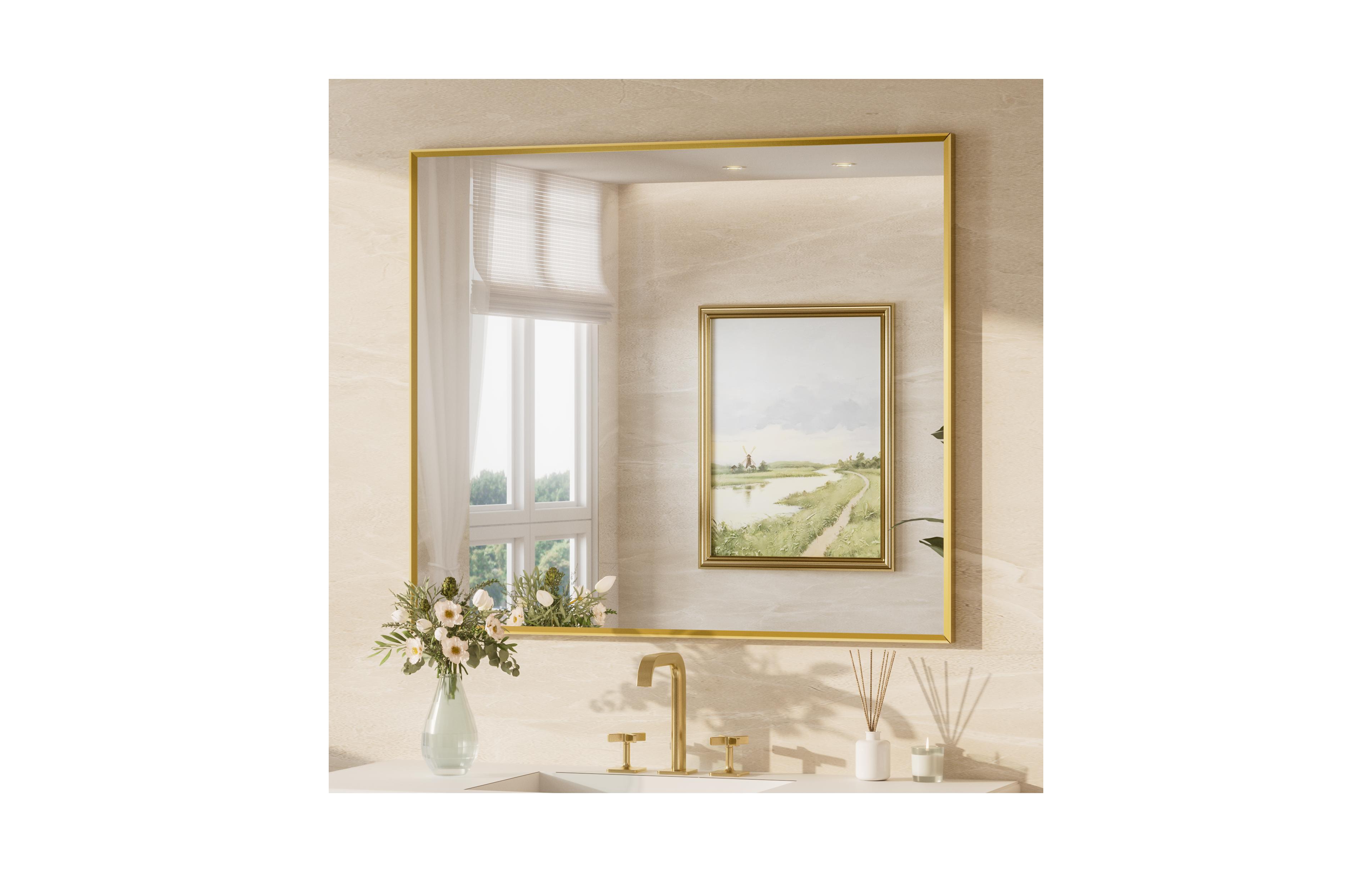 Keonjinn 42x35 Inch Brushed Gold Bathroom Vanity Mirror Metal Framed Over Sink Wall Mirror Horizontal/Vertical