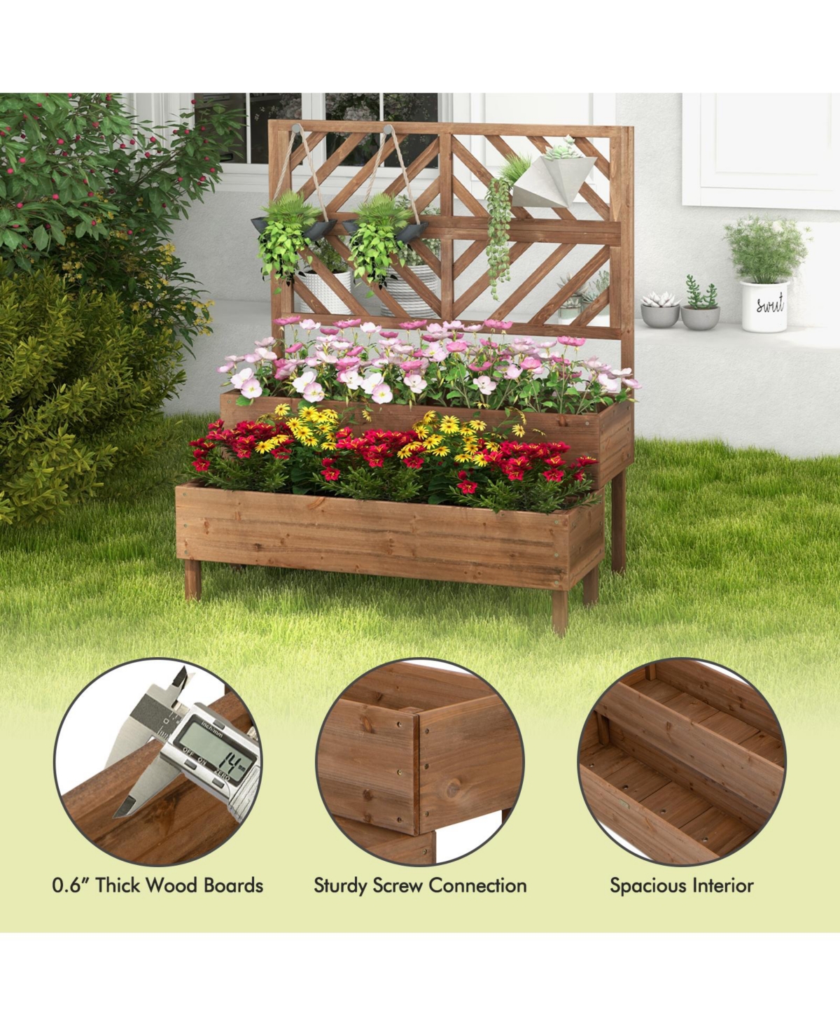 Sugift 2-Tier Raised Garden Bed with Trellis-Brown