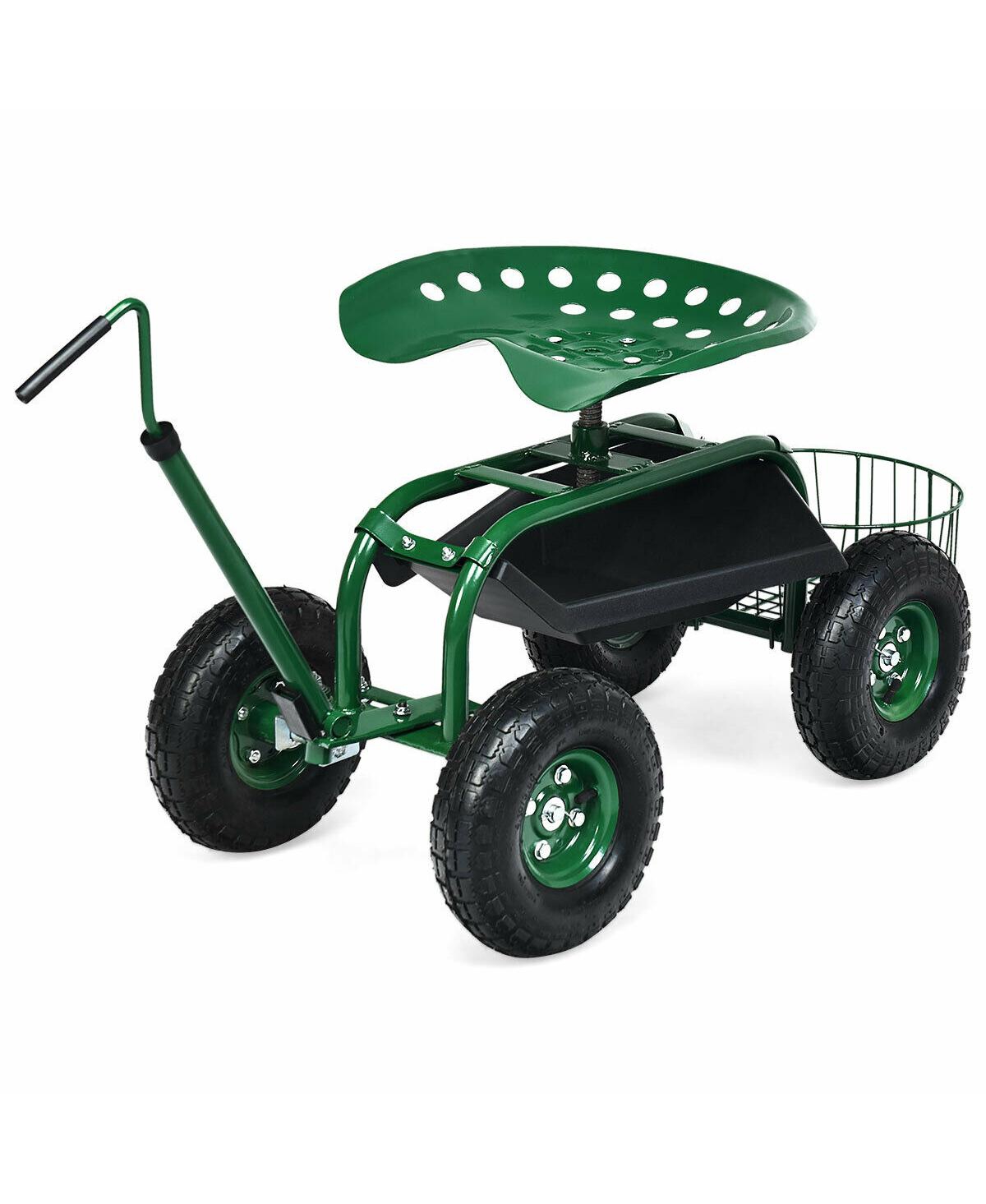 Sugift Extendable Handle Garden Cart Rolling Wagon Scooter-Green
