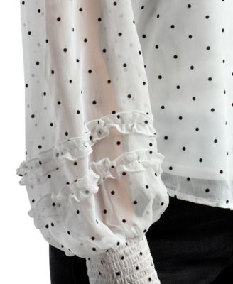 Junior's Flocked Dot Collared Long-Sleeve Top