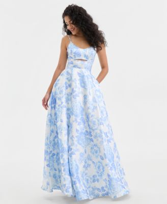 Juniors' Floral Scoop-Neck Satin Gown 