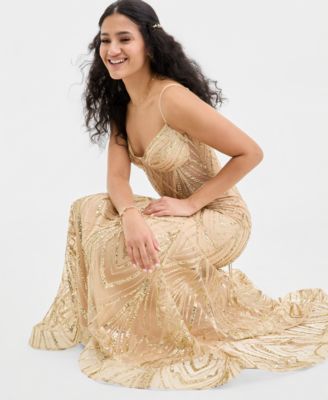 Juniors' Sweetheart-Neck Bustier Glitter Mesh Gown 