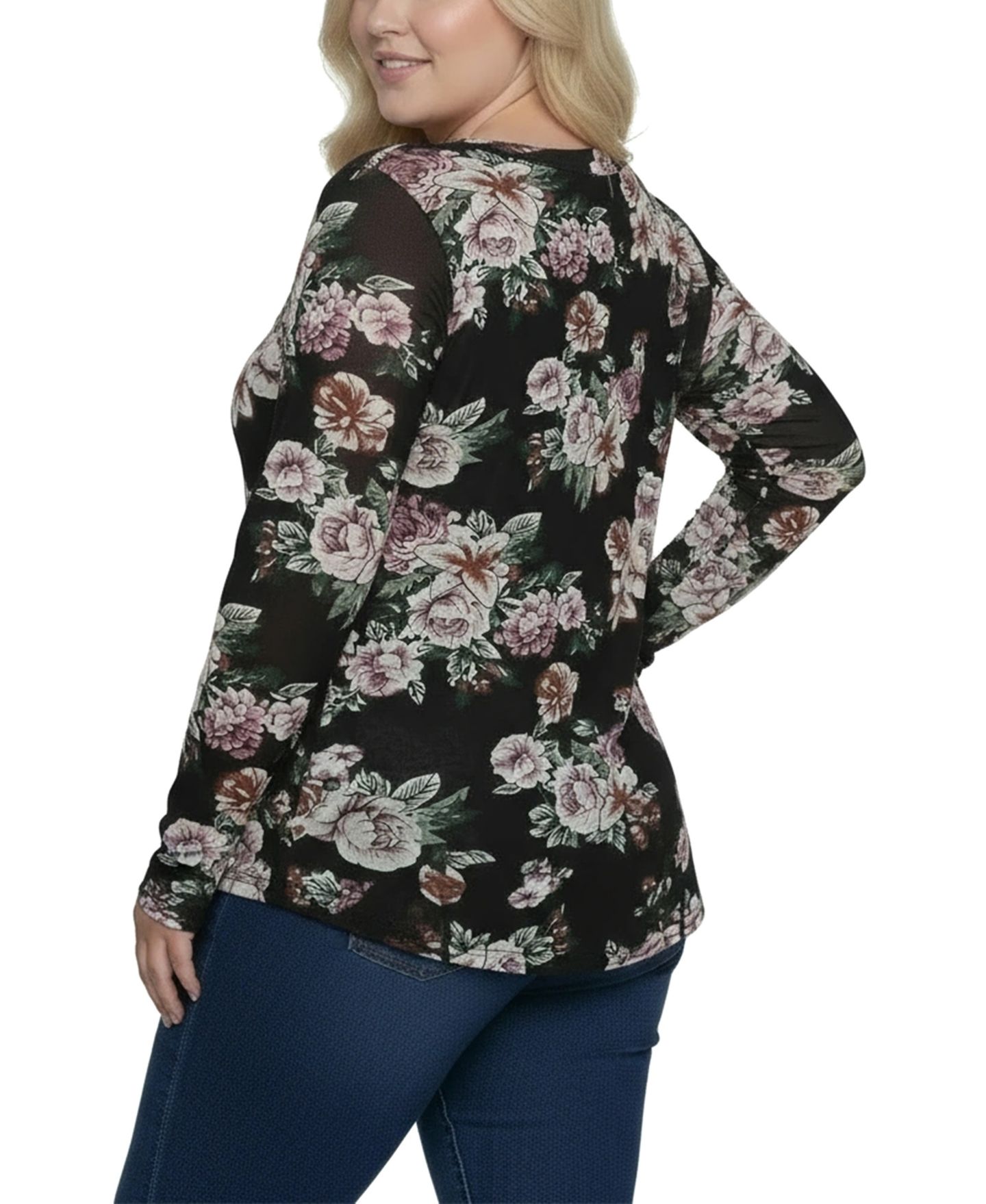 Женский топ NY Collection Plus Size Long Raglan Sleeve Mesh, цвет: Чёрный пудровый с принтом — фото 4