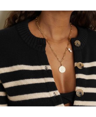 Stainless Steel Chain Necklace with Freshwater Pearls & Coin Pendant