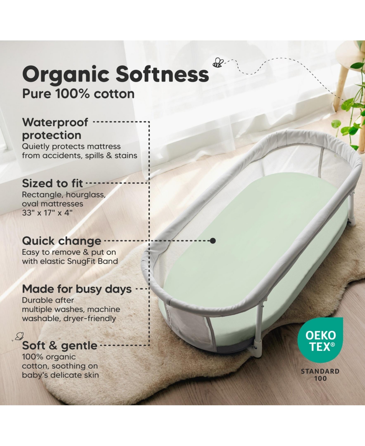 KeaBabies 2pk Soothe Waterproof Bassinet Sheets for Girls, Boys, 33x17 Universal Baby Mattress Protector Cover