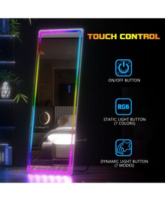 Wall-mounted or freestanding rectangular full-length mirror with adjustable RGB lighting.