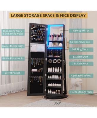 360&deg; Swivel Jewelry Full-Length Mirror Cabinet with Lights