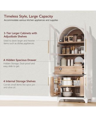 71" Tall Arched Kitchen Pantry Cabinet with Door Shelves, Farmhouse Kitchen Storage Cabinet with Open & Adjustable Shelves