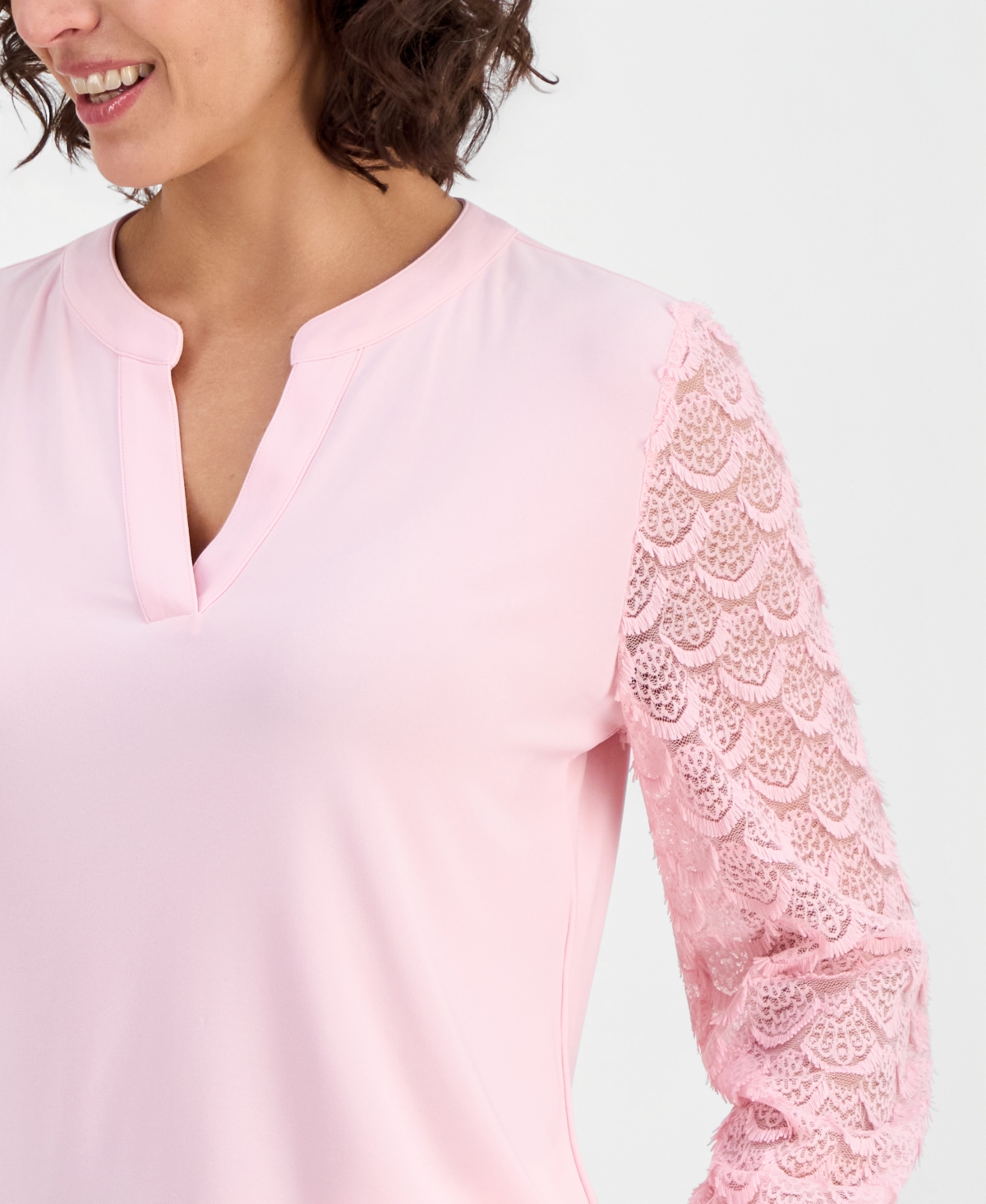 Kasper Petite Lace-Sleeve Split-Neck Tunic