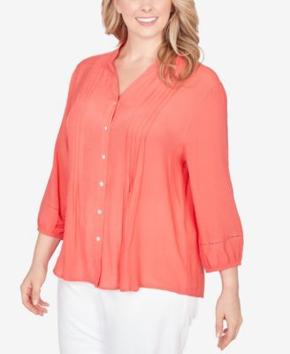Plus Size Solid Silky Slub Pleated Button Front Top