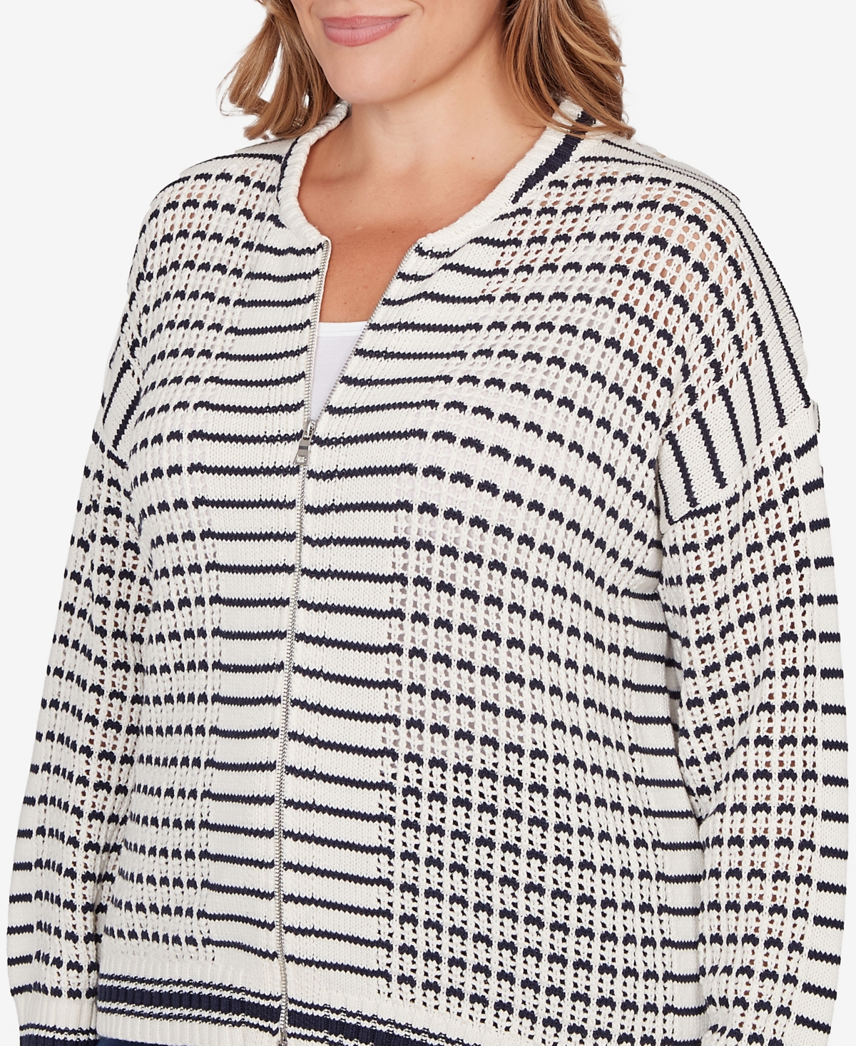Ruby Rd. Plus Size Mesh Stitch Zip Sweater Jacket In White