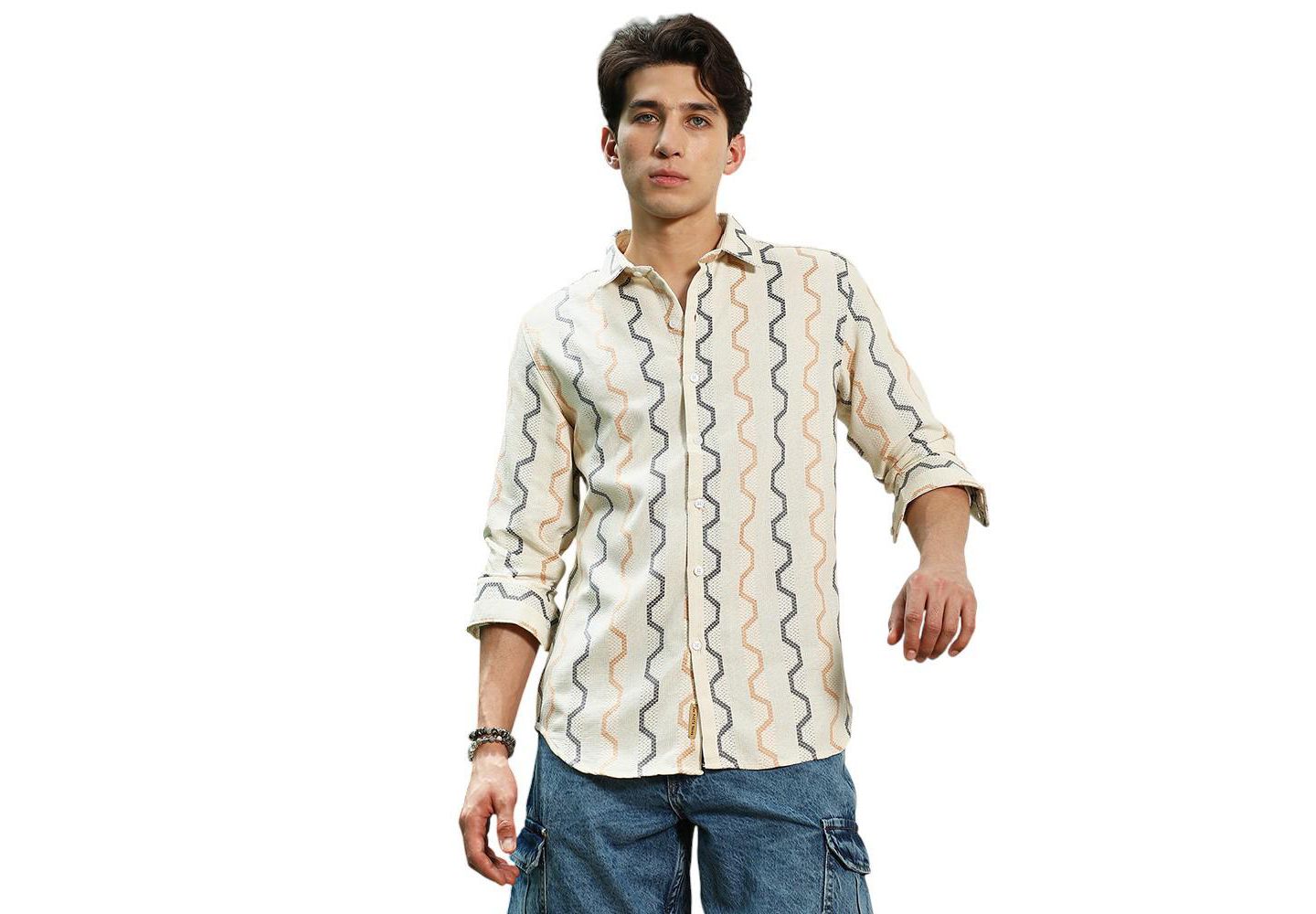 Мужская рубашка Cahoot Campus Sutra Off White Zigzag Pattern Full Sleeve Cotton Blend, цвет: Белый — фото 1