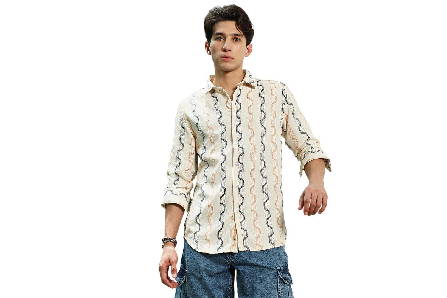 Men's Off White Zigzag Pattern Full Sleeve Cotton Blend Shirt