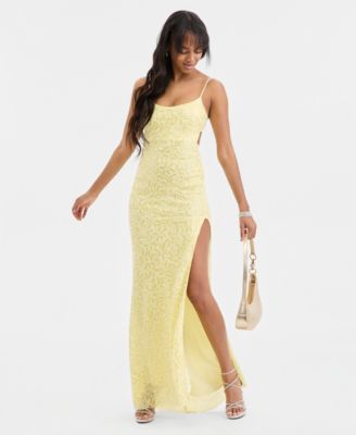 Juniors' Beaded High-Slit Gown