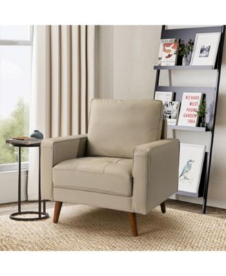 Mid-century Modern Elizabeth Genuine Leather Armchair with Wood Flared Legs