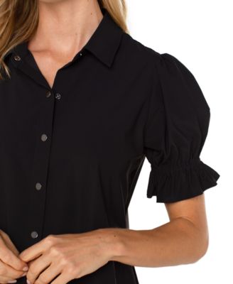 Women's Elbow Puff Sleeve Snap Front Collar Top