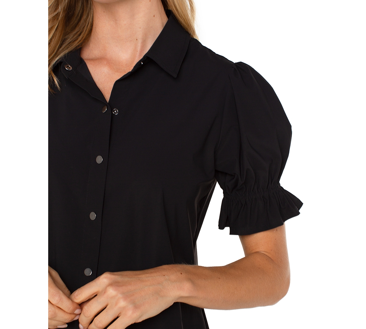 Liverpool Los Angeles Women's Elbow Puff Sleeve Snap Front Collar Top