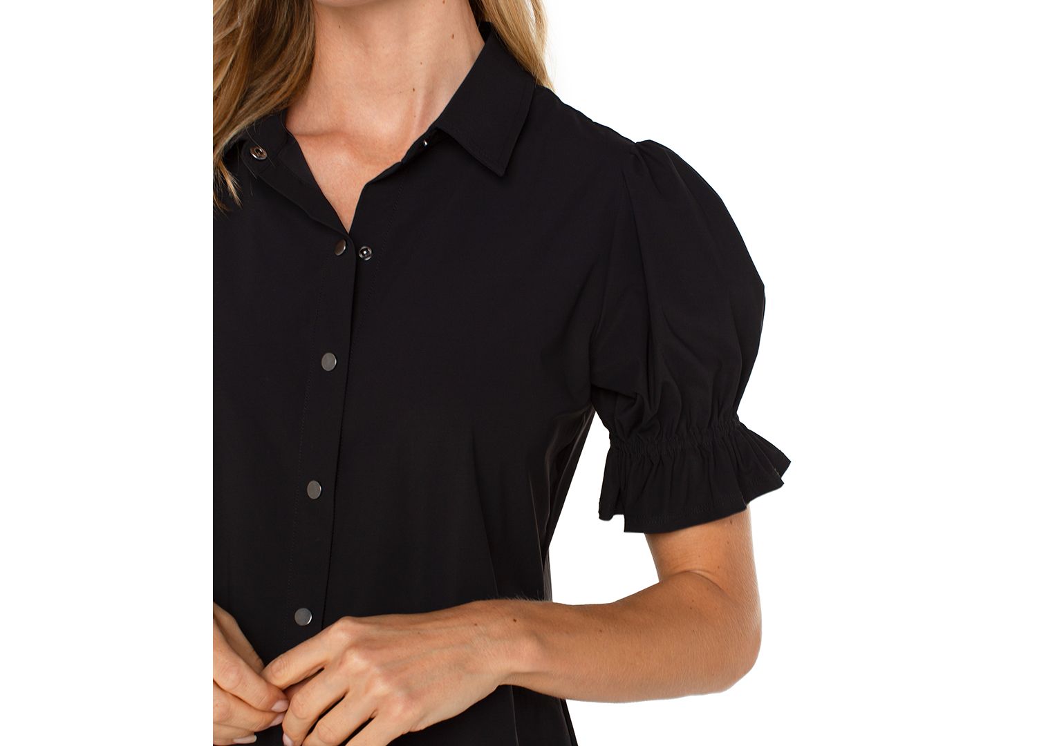 Women's Elbow Puff Sleeve Snap Front Collar Top
